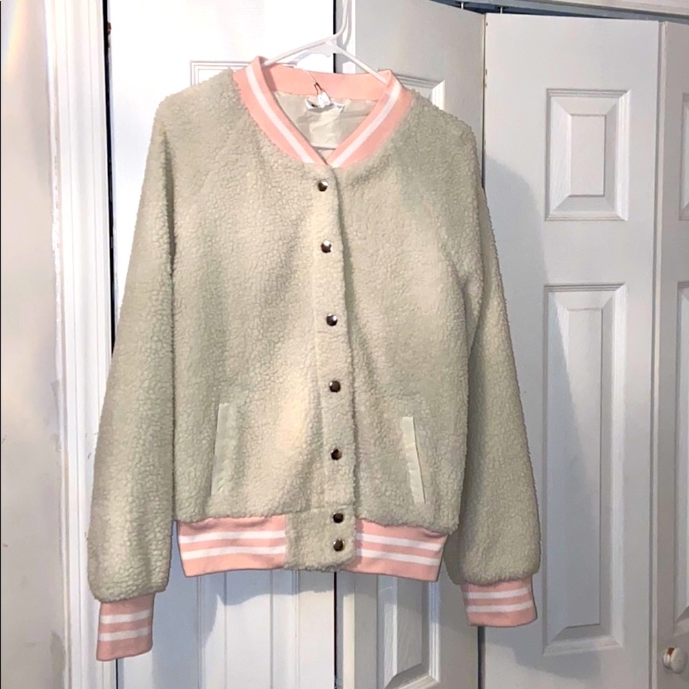 Shearling off white jacket pink trim